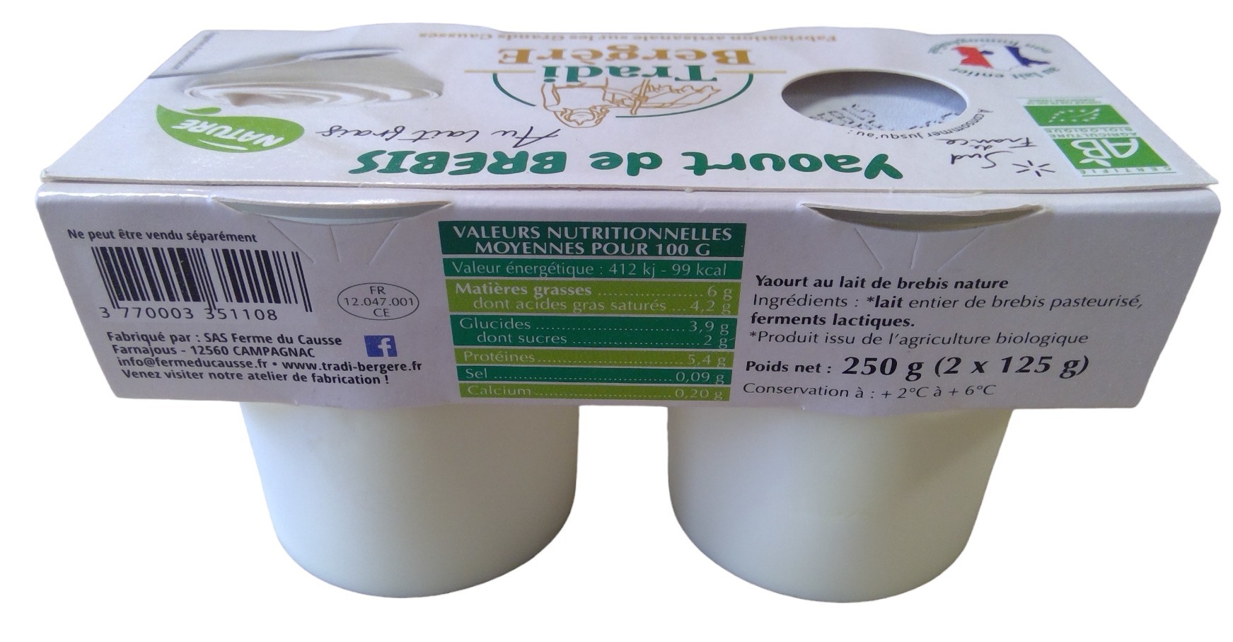 Yaourt brebis nature du causse 2x125g – Image 2