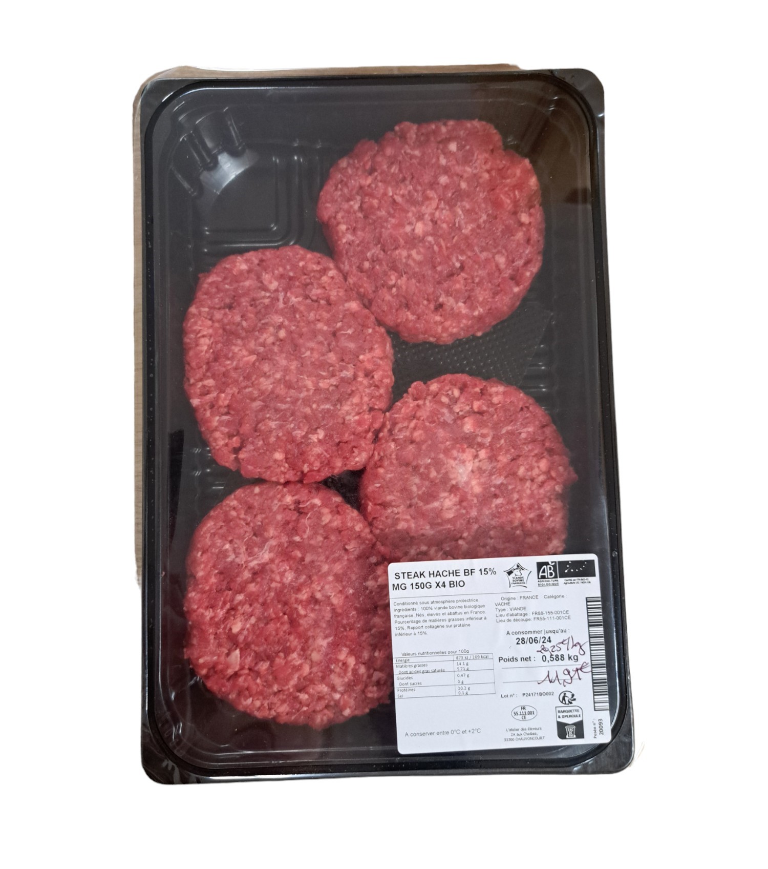 Steak haché Boeuf Bio 15% MG 150g x 4