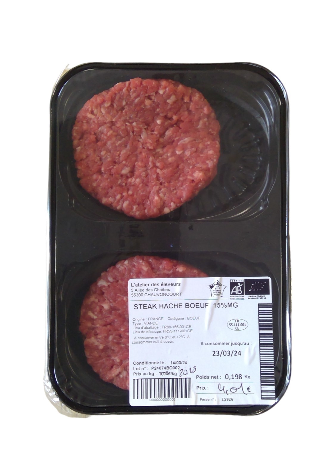 Steak haché Boeuf Bio 15% MG 100g x 2