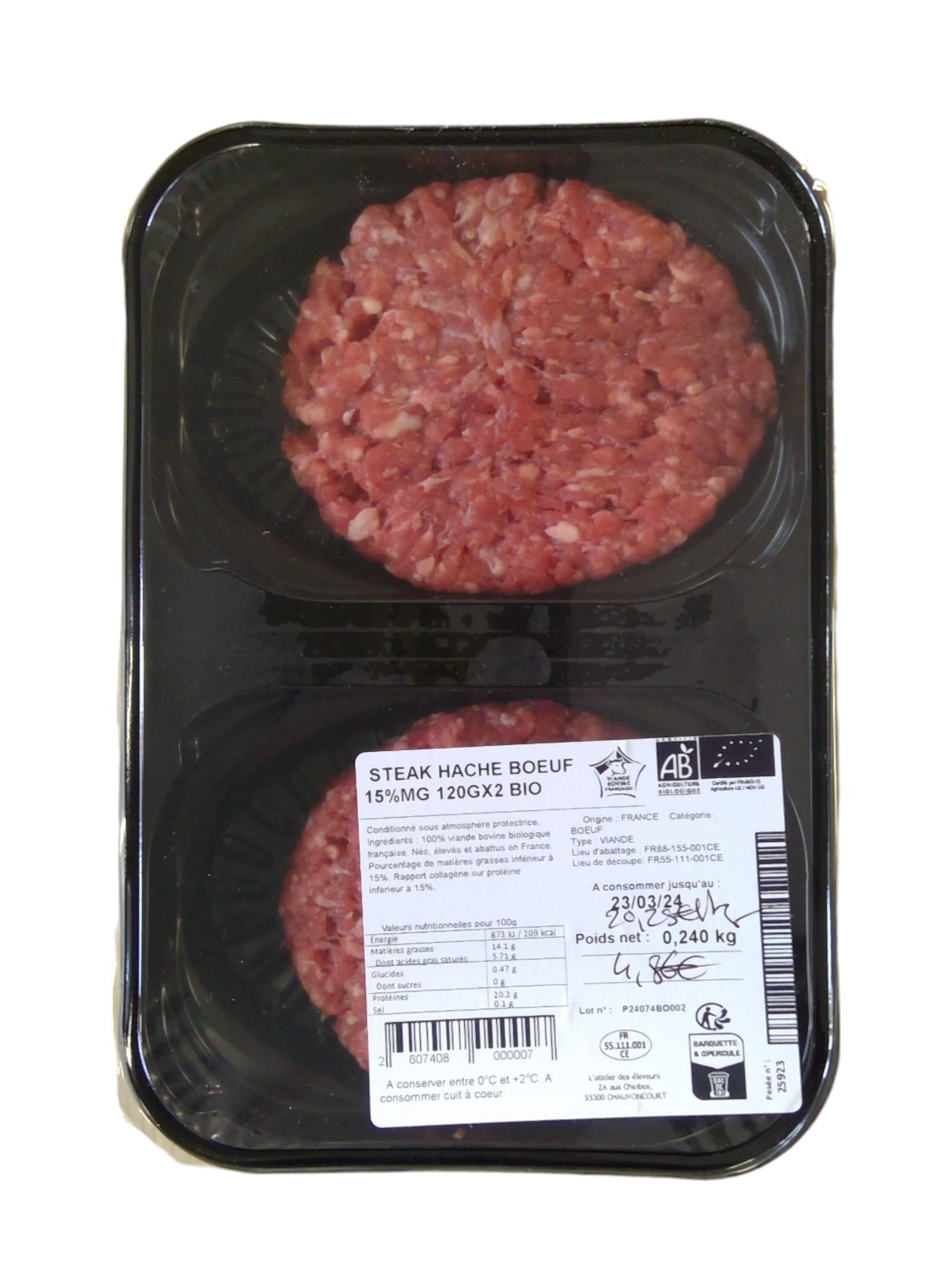 Steak haché Boeuf Bio 15% MG 120g x 2