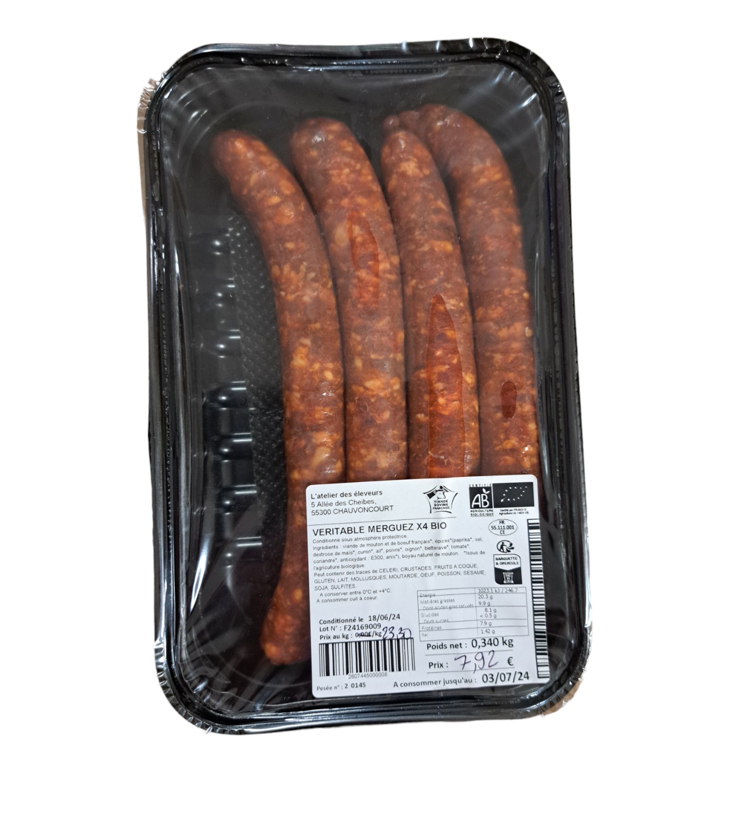 Merguez bio 100% Boeuf 85g env x12 (1kg)